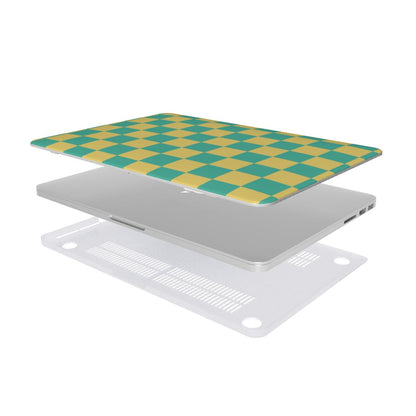 Teal & Yellow Check MacBook case — hard-shell laptop cover, two-piece shell view