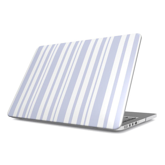 Periwinkle Ticking Stripe MacBook case — periwinkle, hard-shell laptop cover, angled lid view