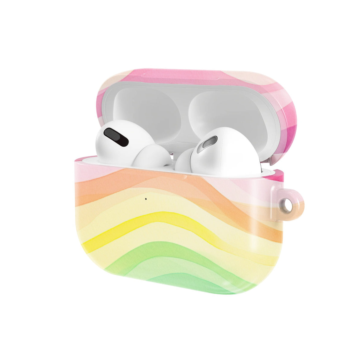 Rainbow Wave AirPods case — open angled view