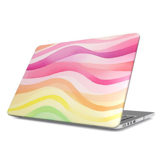 Rainbow Wave MacBook case — watercolor rainbow, hard-shell laptop cover, angled lid view