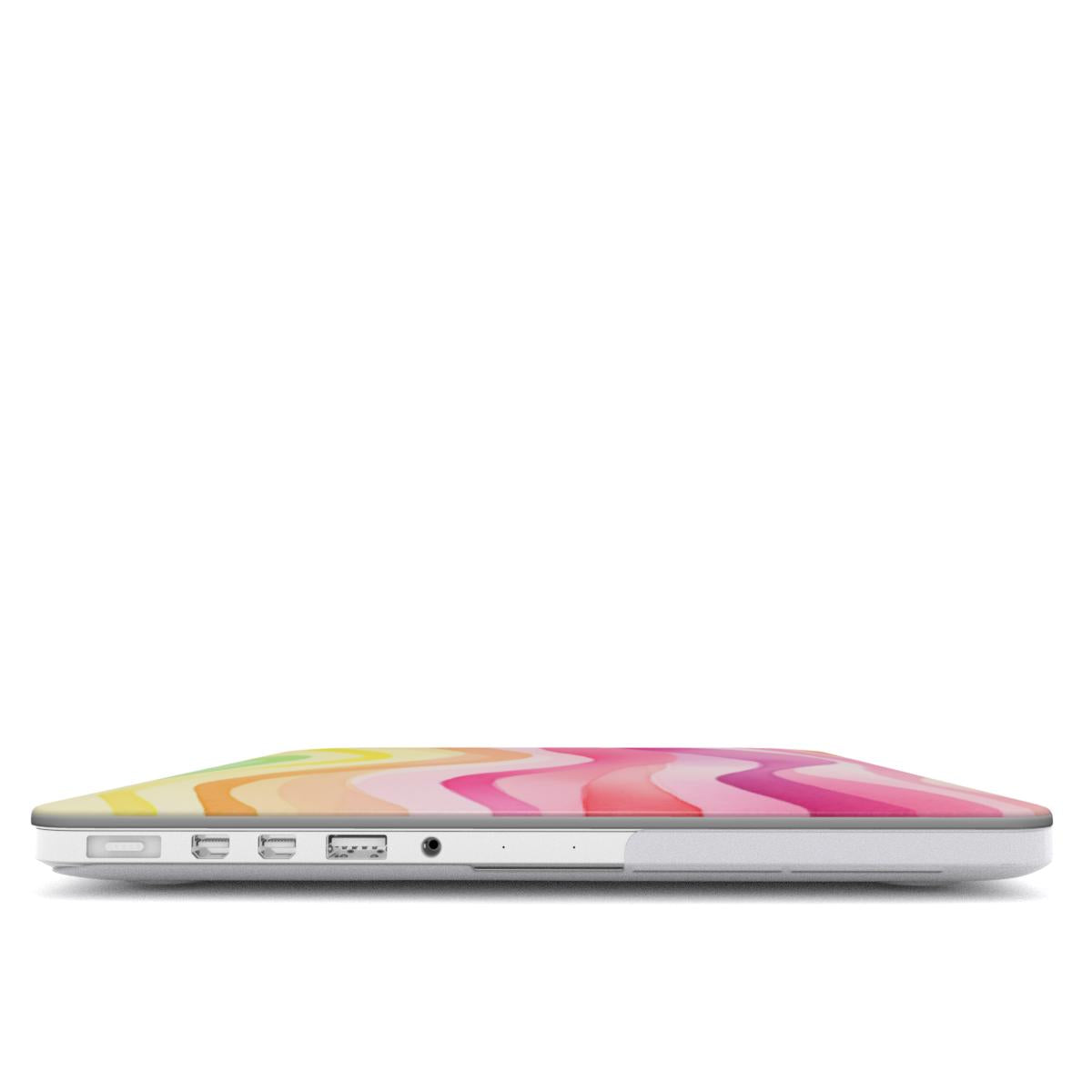 Rainbow Wave MacBook case — hard-shell laptop cover, side view with ports