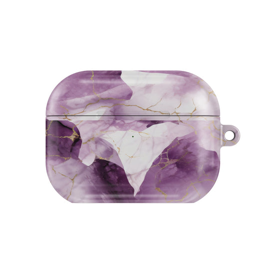 Amethyst Marble AirPods case — plum & gold, closed front view