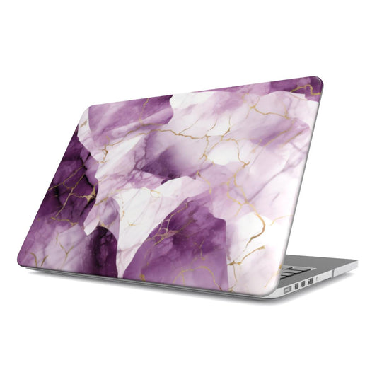 Amethyst Marble MacBook case — plum & gold, hard-shell laptop cover, angled lid view