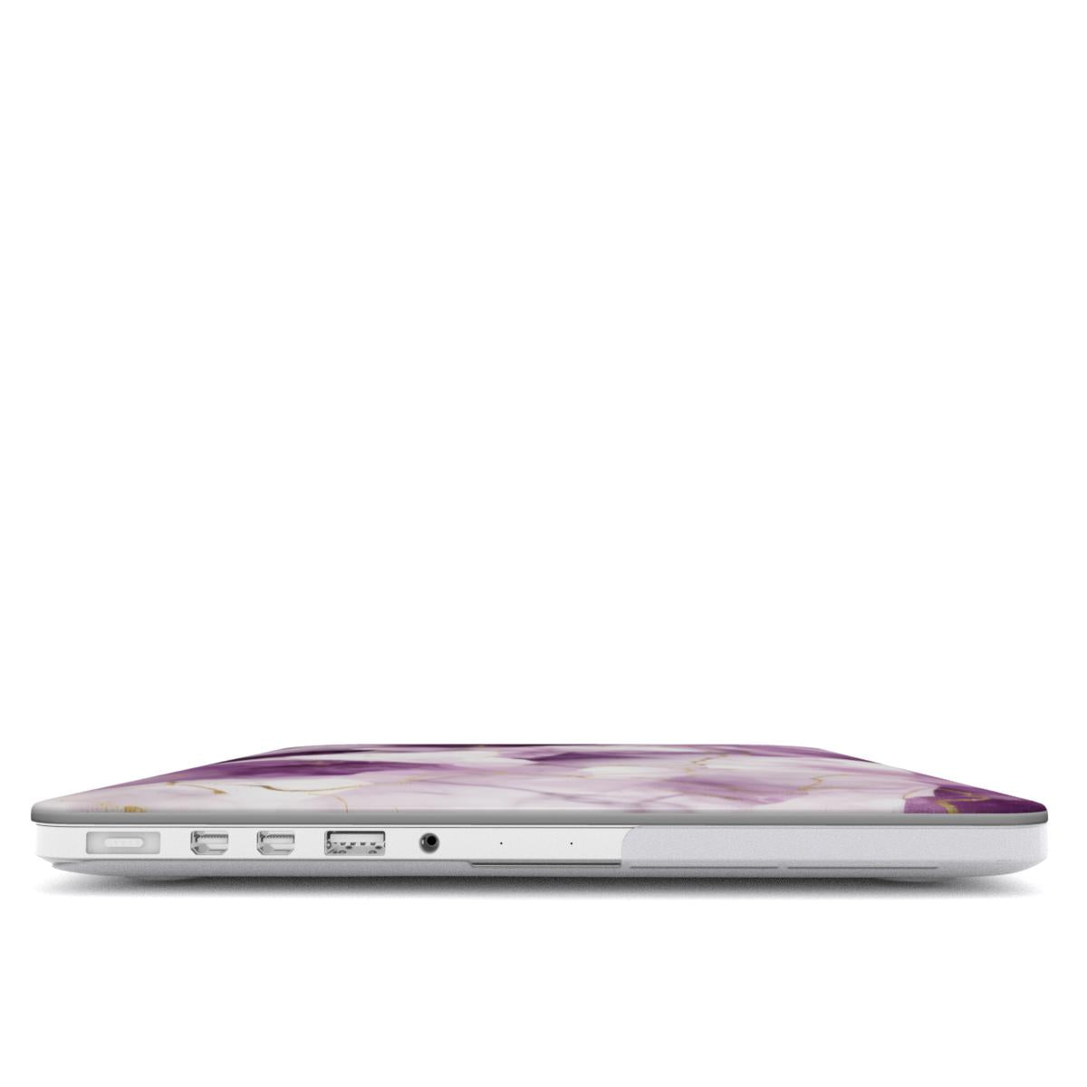 Amethyst Marble MacBook case — hard-shell laptop cover, side view with ports