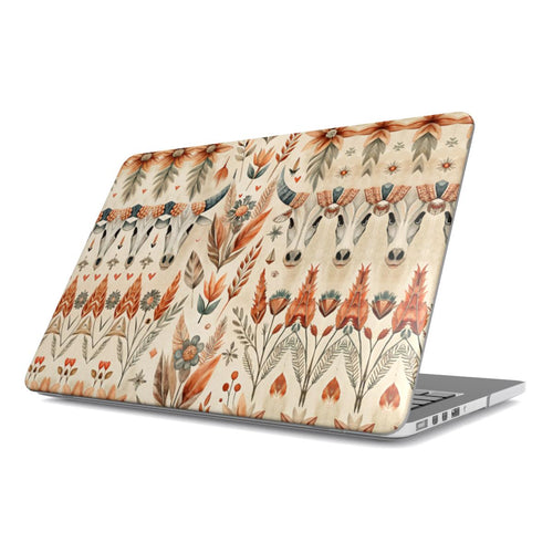 Desert Longhorn MacBook case — southwestern, hard-shell laptop cover, angled lid view