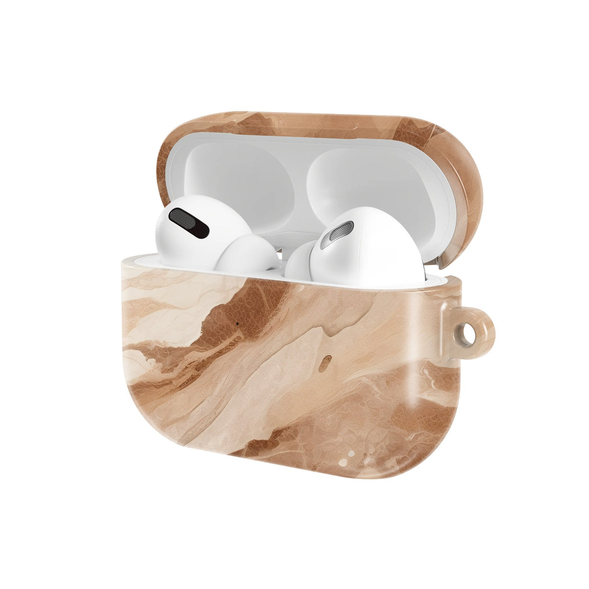 Caramel Marble AirPods case — open angled view