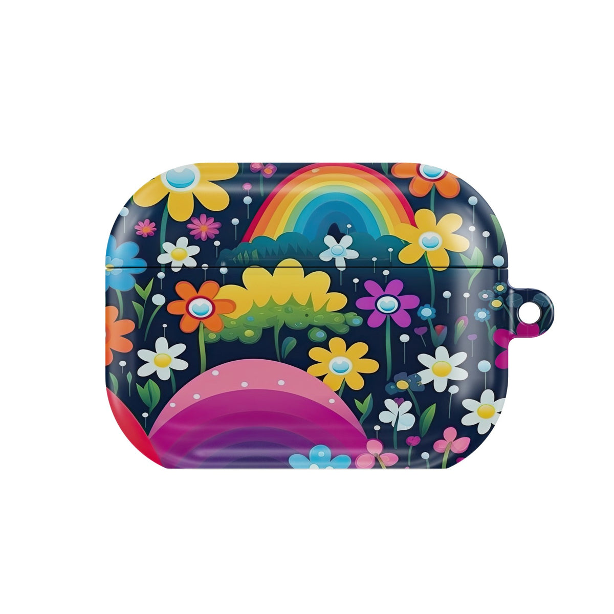 Midnight Rainbow Garden AirPods case — dark rainbow, closed front view