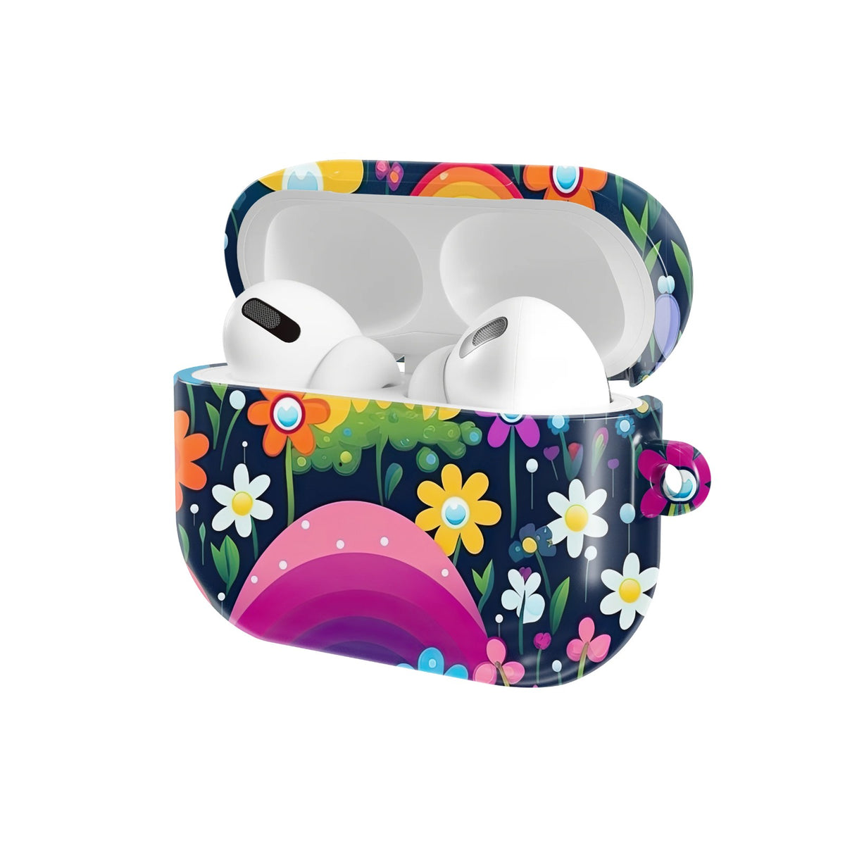 Midnight Rainbow Garden AirPods case — open angled view