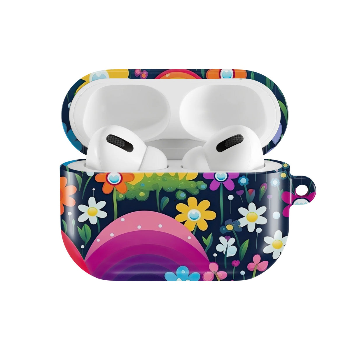 Midnight Rainbow Garden AirPods case — open front view