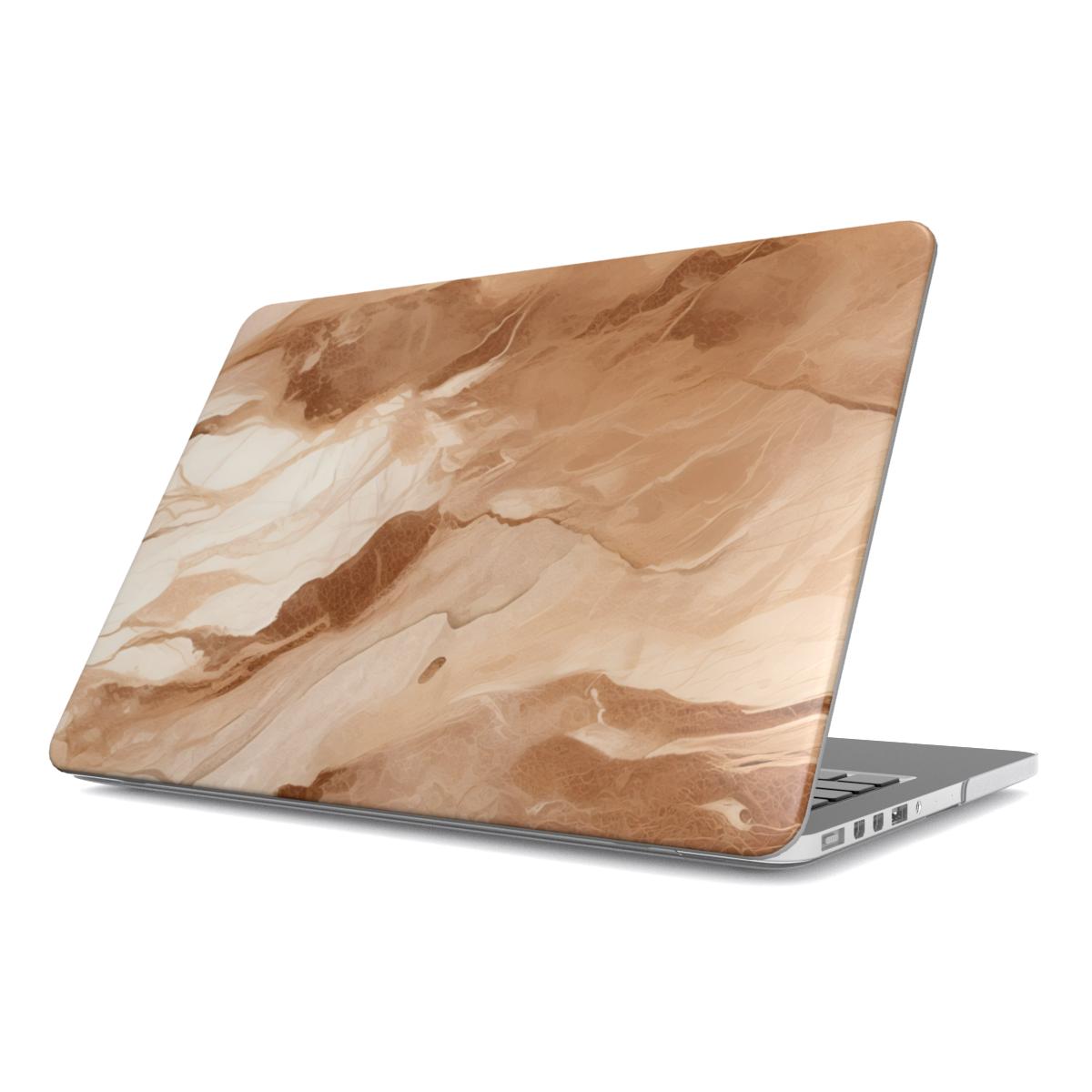 Caramel Marble MacBook case — warm stone, hard-shell laptop cover, angled lid view