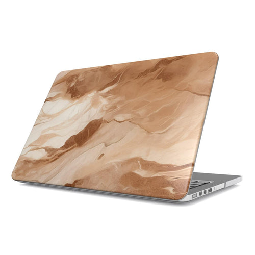 Caramel Marble MacBook case — warm stone, hard-shell laptop cover, angled lid view