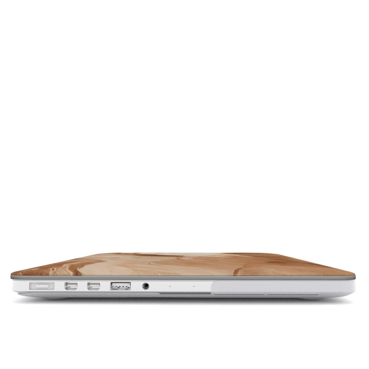 Caramel Marble MacBook case — hard-shell laptop cover, side view with ports