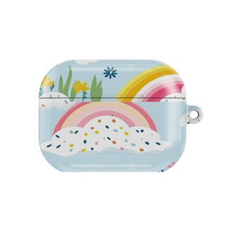 Rainbow Meadow AirPods case — rainbow sky, closed front view