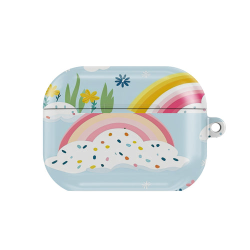 Rainbow Meadow AirPods case — rainbow sky, closed front view