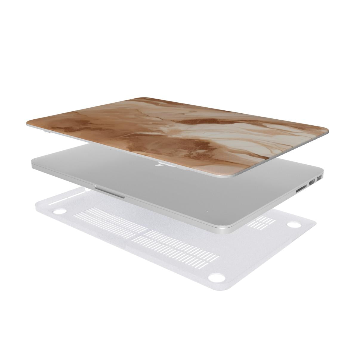 Caramel Marble MacBook case — hard-shell laptop cover, two-piece shell view