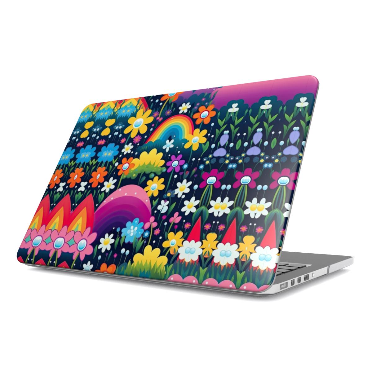 Midnight Rainbow Garden MacBook case — dark rainbow, hard-shell laptop cover, angled lid view