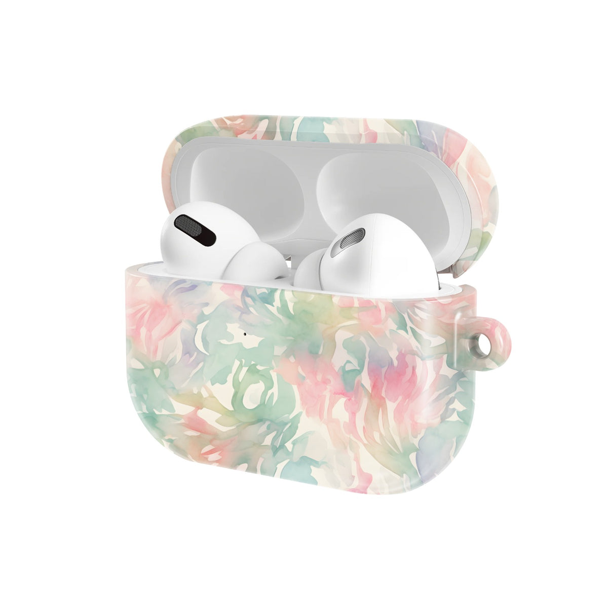 Watercolor Bloom AirPods case — open angled view