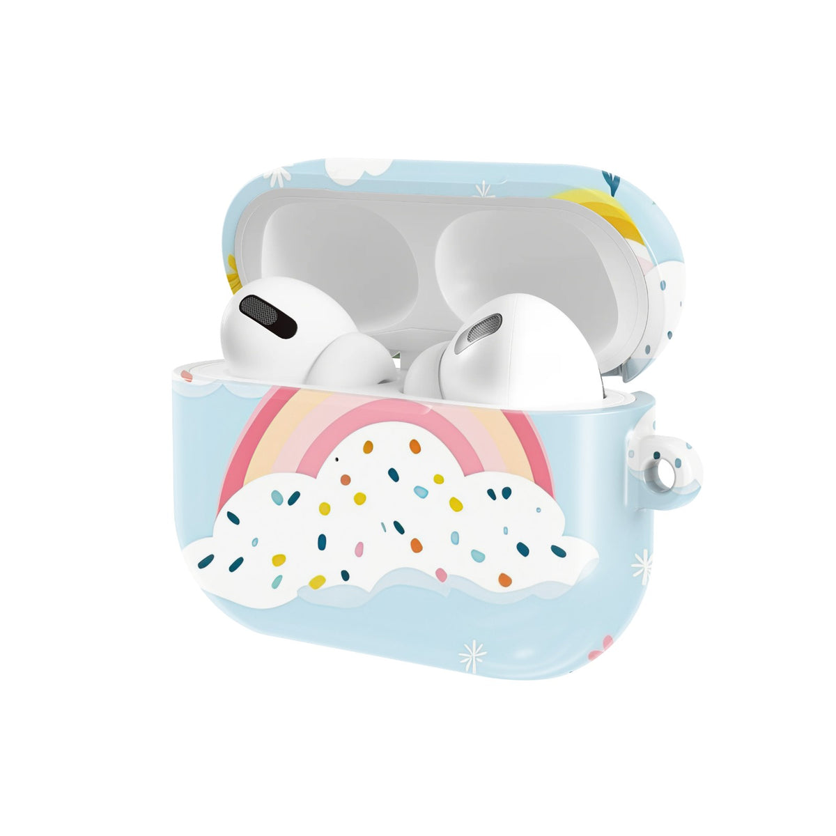 Rainbow Meadow AirPods case — open angled view