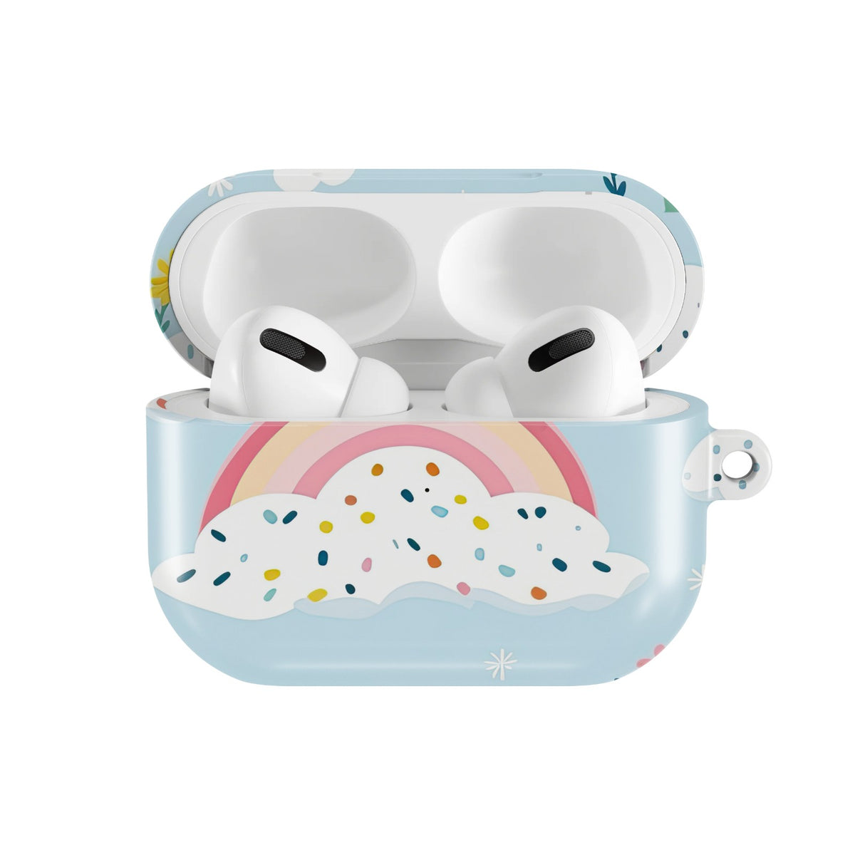 Rainbow Meadow AirPods case — open front view