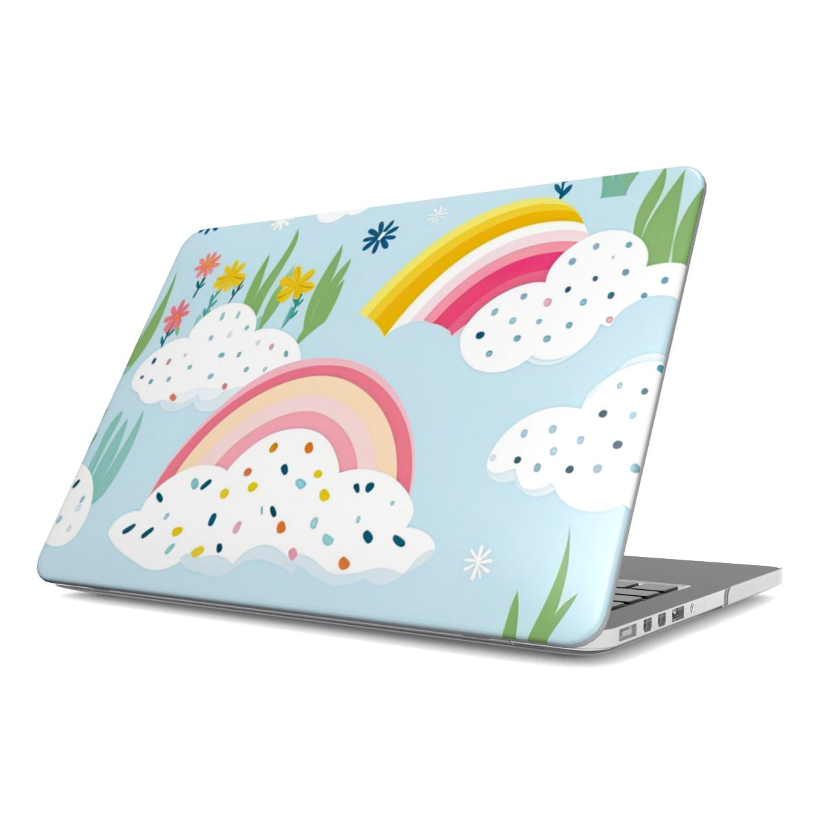 Rainbow Meadow MacBook case — rainbow sky, hard-shell laptop cover, angled lid view