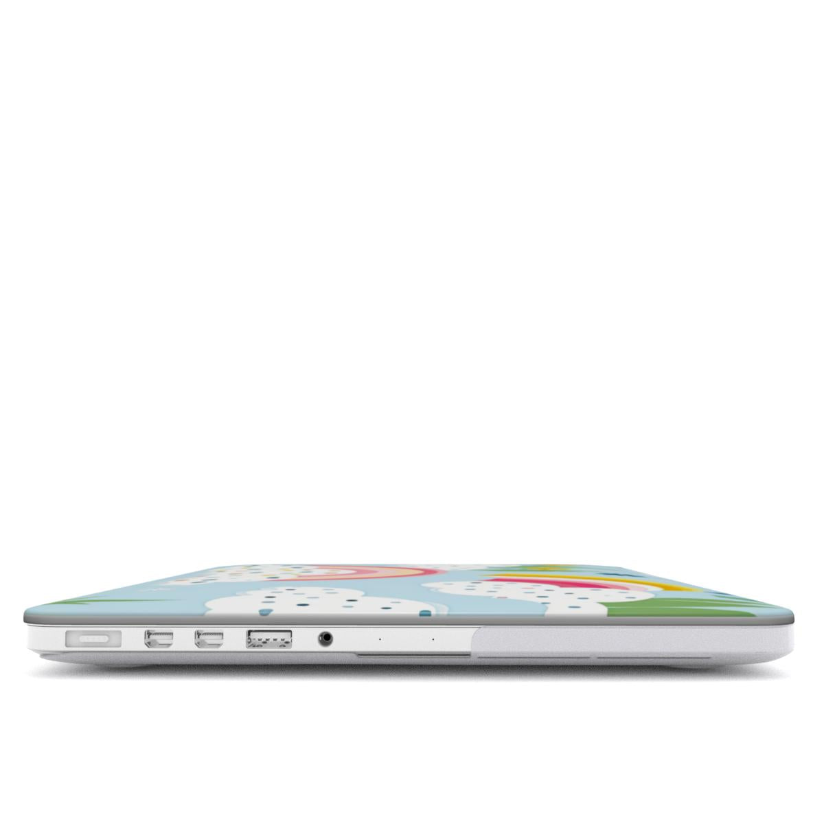 Rainbow Meadow MacBook case — hard-shell laptop cover, side view with ports