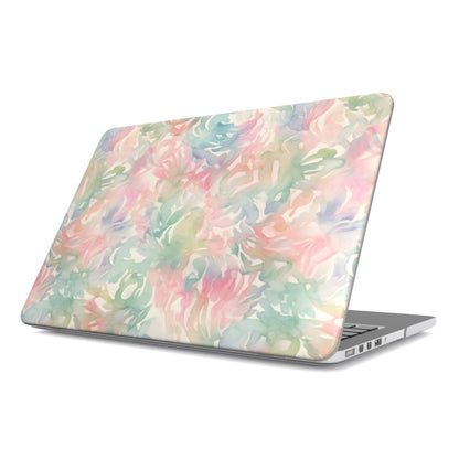 Watercolor Bloom MacBook case — pastel floral, hard-shell laptop cover, angled lid view