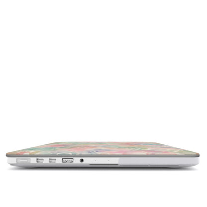 Watercolor Bloom MacBook case — hard-shell laptop cover, side view with ports