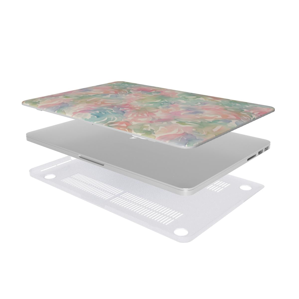 Watercolor Bloom MacBook case — hard-shell laptop cover, two-piece shell view