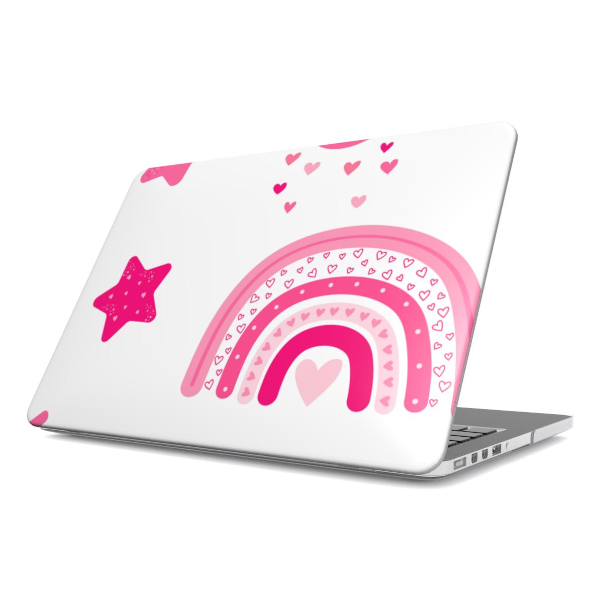 Pink Rainbow MacBook case — pink rainbow, hard-shell laptop cover, angled lid view