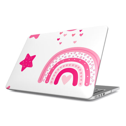 Pink Rainbow MacBook case — pink rainbow, hard-shell laptop cover, angled lid view
