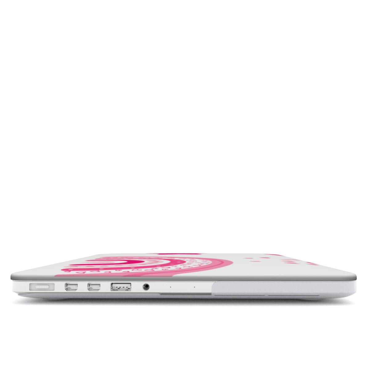 Pink Rainbow MacBook case — hard-shell laptop cover, side view with ports