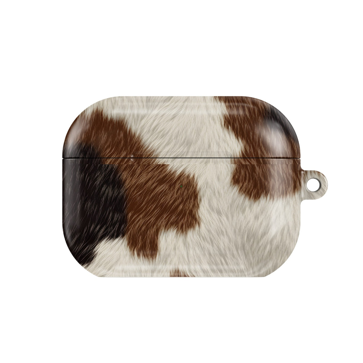 Brown Cowhide AirPods case — cow print, closed front view