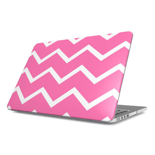 Pink Chevron MacBook case — pink zigzag, hard-shell laptop cover, angled lid view