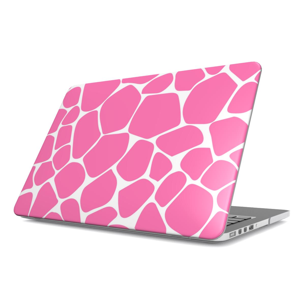 Pink Giraffe MacBook case — pink animal print, hard-shell laptop cover, angled lid view