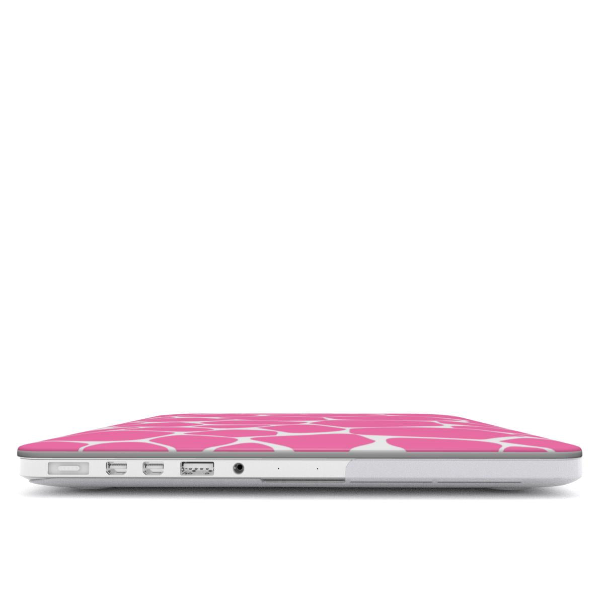 Pink Giraffe MacBook case — hard-shell laptop cover, side view with ports