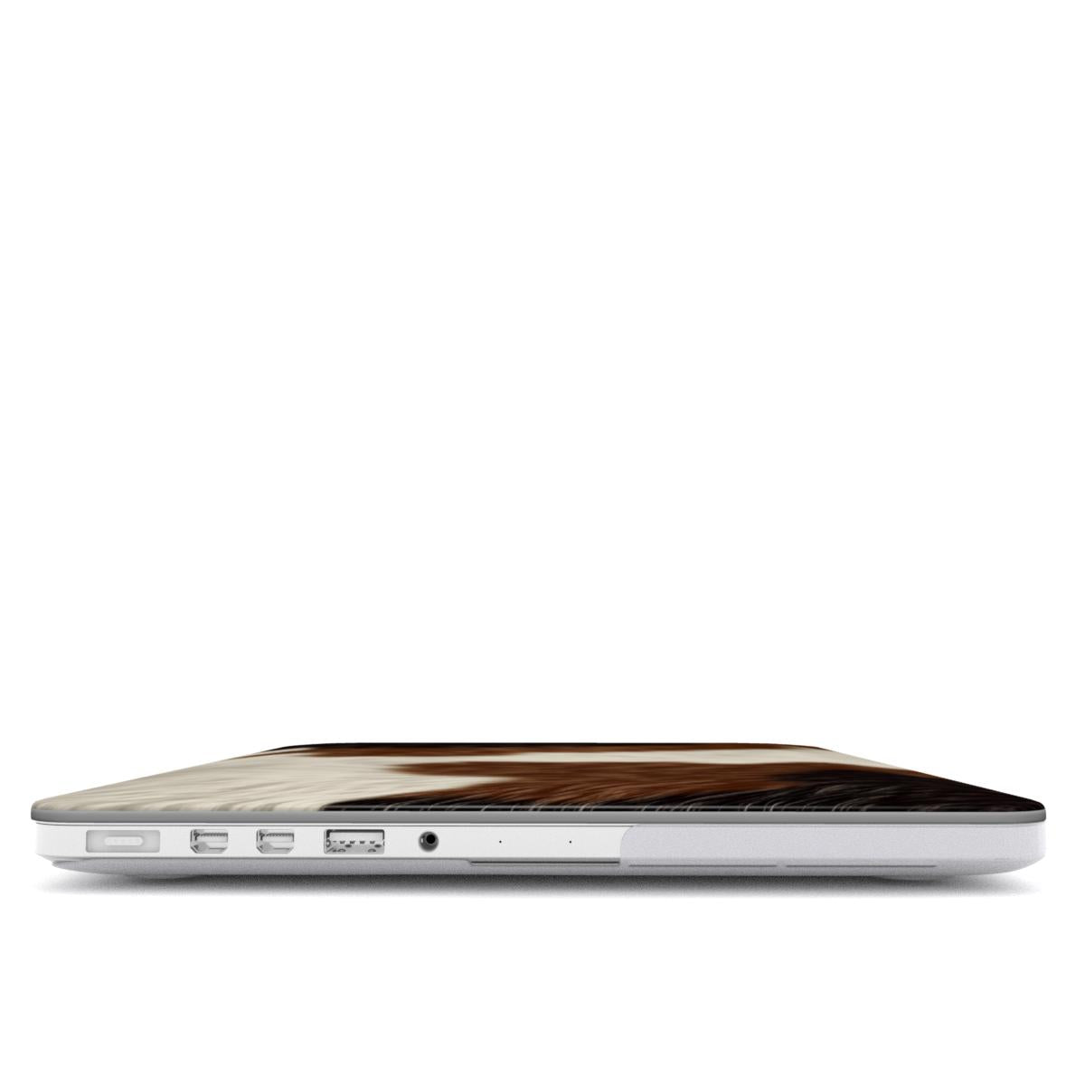Brown Cowhide MacBook case — hard-shell laptop cover, side view with ports