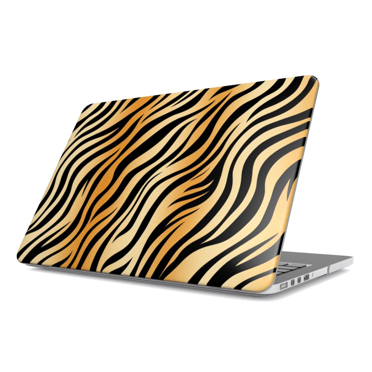 Tiger Stripe MacBook case — tiger print, hard-shell laptop cover, angled lid view