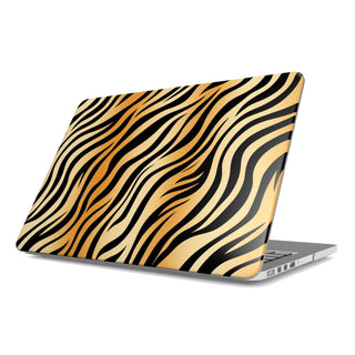 Tiger Stripe MacBook case — tiger print, hard-shell laptop cover, angled lid view