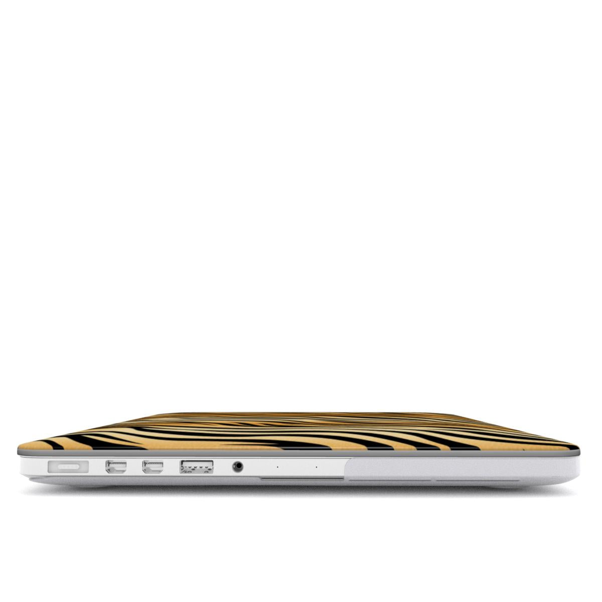 Tiger Stripe MacBook case — hard-shell laptop cover, side view with ports