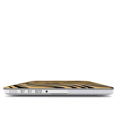 Tiger Stripe MacBook case — hard-shell laptop cover, side view with ports