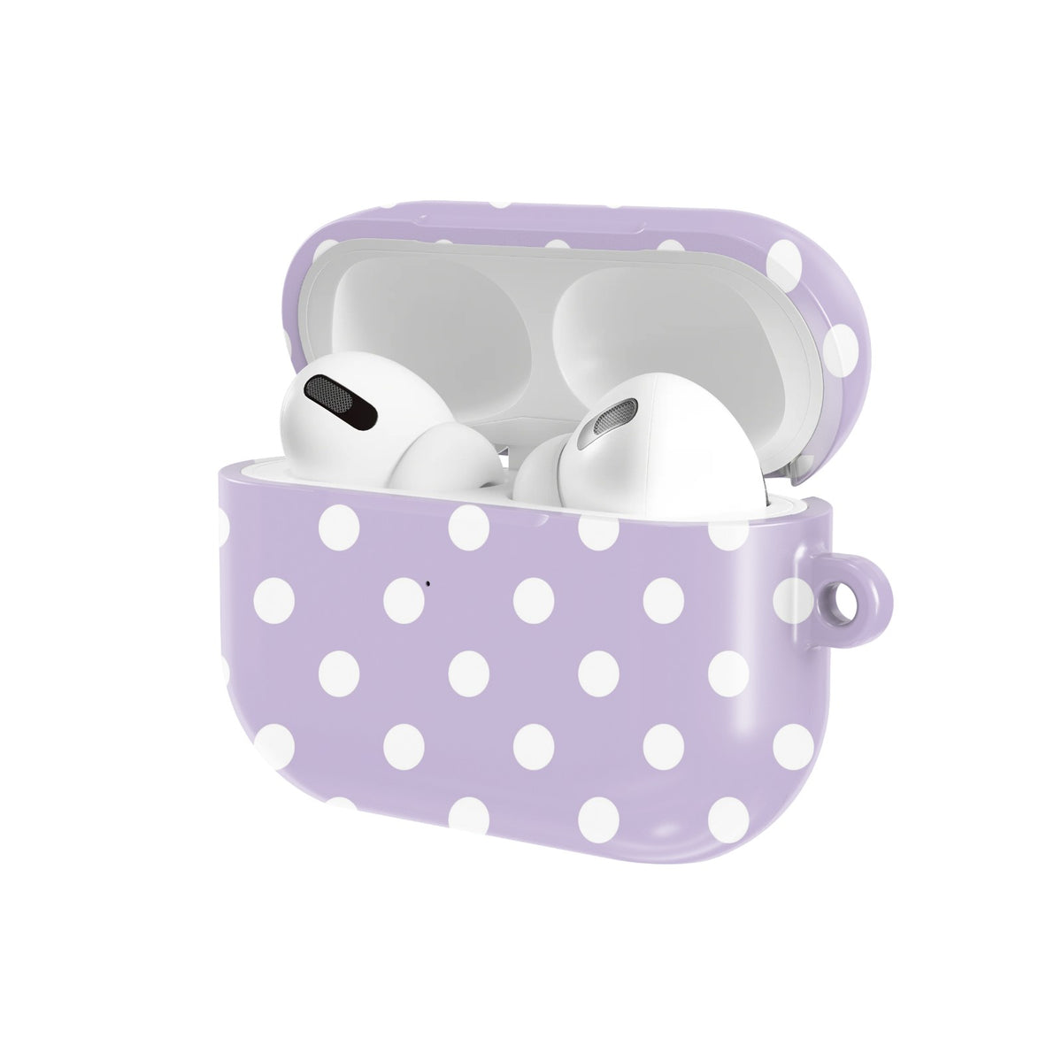 Lilac Polka Dot AirPods case — open angled view