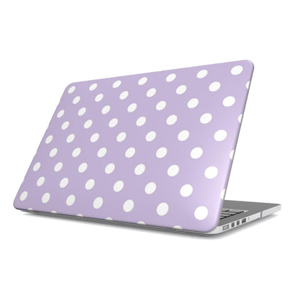 Lilac Polka Dot MacBook case — lilac dot, hard-shell laptop cover, angled lid view