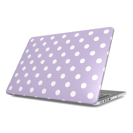 Lilac Polka Dot MacBook case — lilac dot, hard-shell laptop cover, angled lid view
