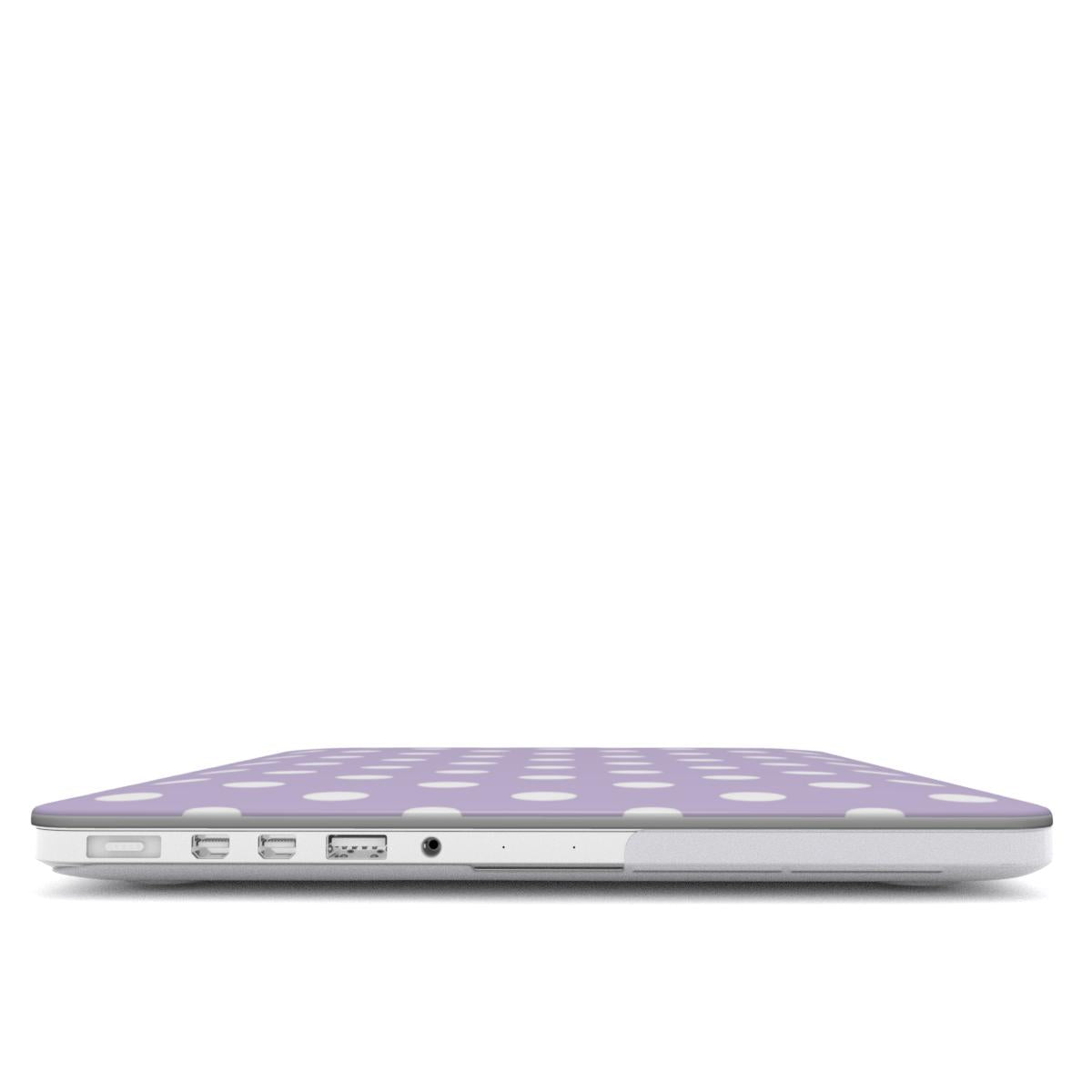 Lilac Polka Dot MacBook case — hard-shell laptop cover, side view with ports