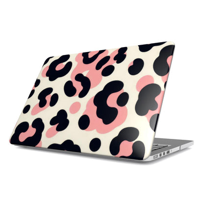 Pink Leopard MacBook case — pink leopard print, hard-shell laptop cover, angled lid view