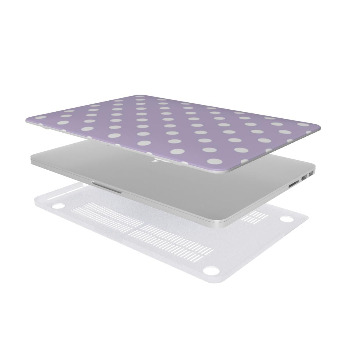 Lilac Polka Dot MacBook case — hard-shell laptop cover, two-piece shell view