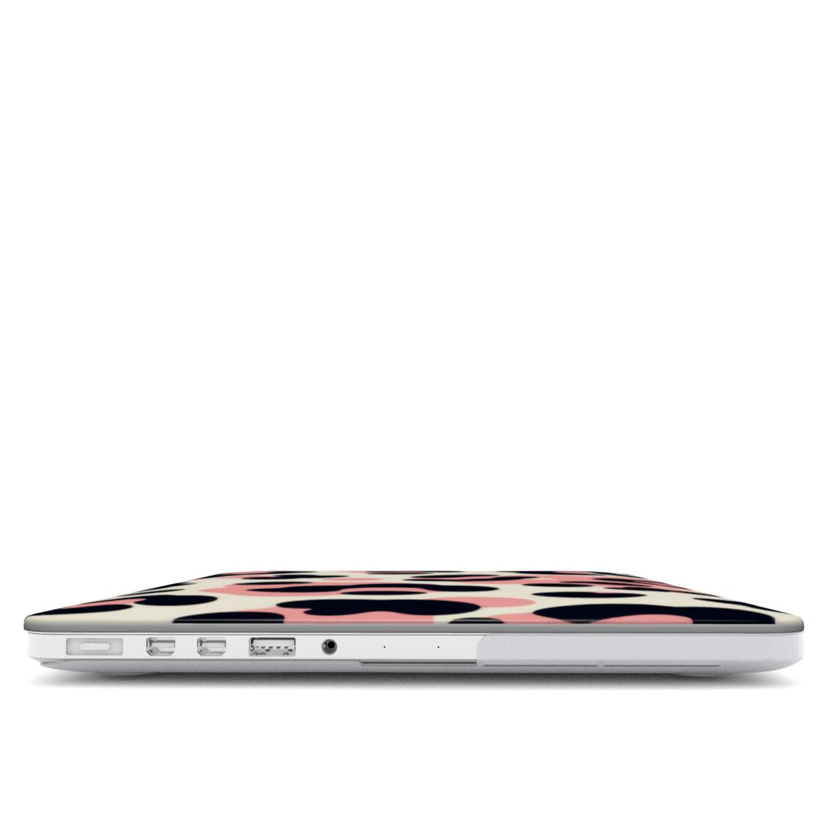 Pink Leopard MacBook case — hard-shell laptop cover, side view with ports