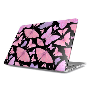 Pink Butterfly Flutter MacBook case — butterfly, hard-shell laptop cover, angled lid view