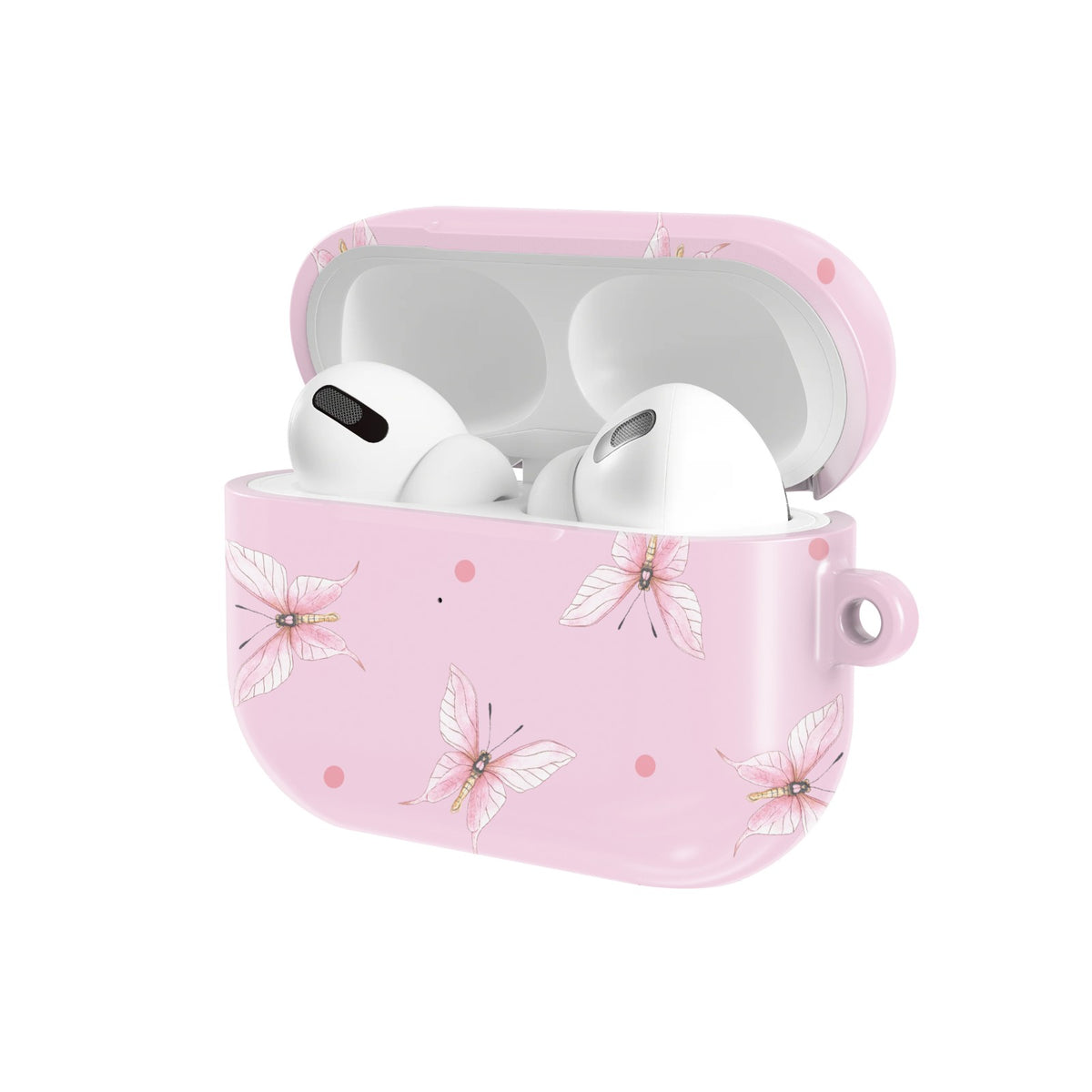 Pink Butterfly Dot AirPods case — open angled view