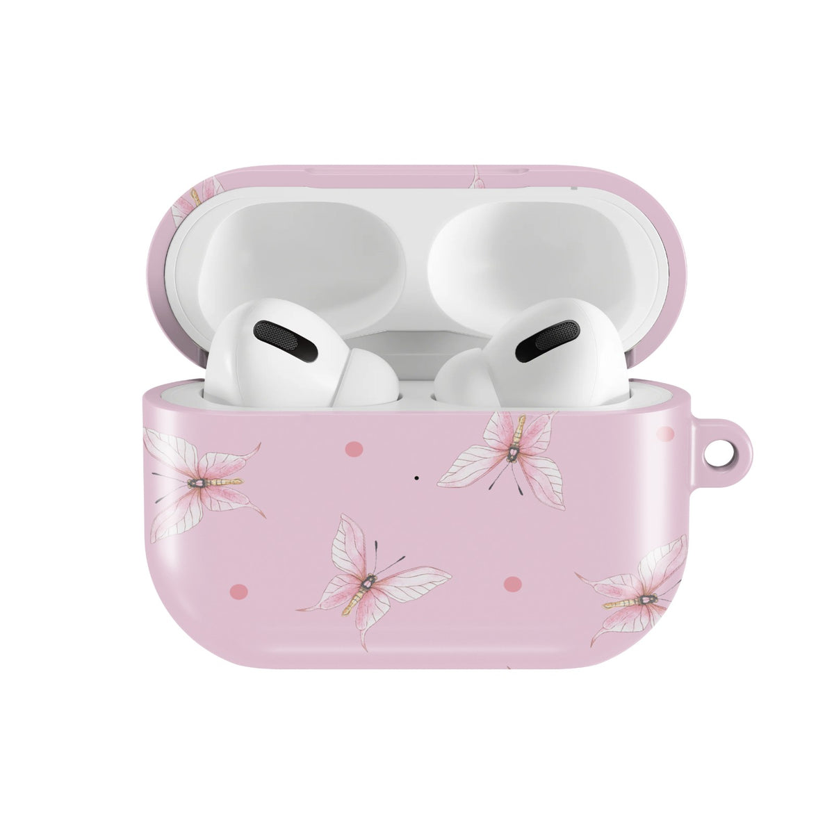 Pink Butterfly Dot AirPods case — open front view